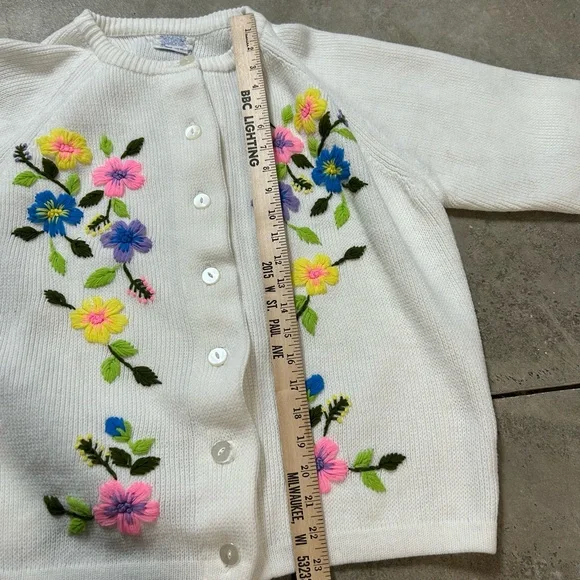 Vtg Sears 1960s Floral Crewel Embroidery Cardigan Pinup Boho Retro Acrylic XL - Picture 10 of 15